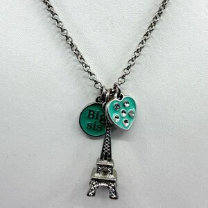 Big Sis Eiffel Tower Paris Charm Necklace Teal Heart Crystal Statement Gift